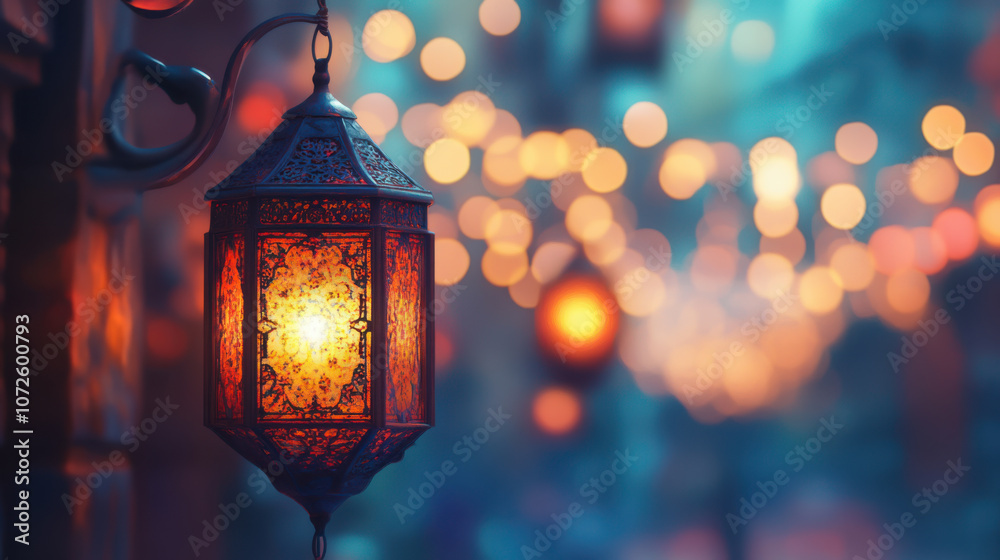 Muslim Arabian Lantern is lighting at night. Colorful Arabic lantern on the street. Blurred bokeh lights background.