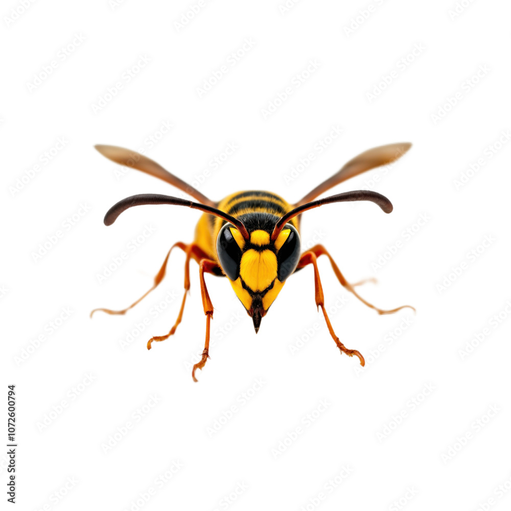 Hornet insect close-up on isolated transparent background. Yellow and black striped body, large compound eyes, long antennae, sharp mandibles. Detailed macro photo. Wasp insect. Alpha mask cut out png