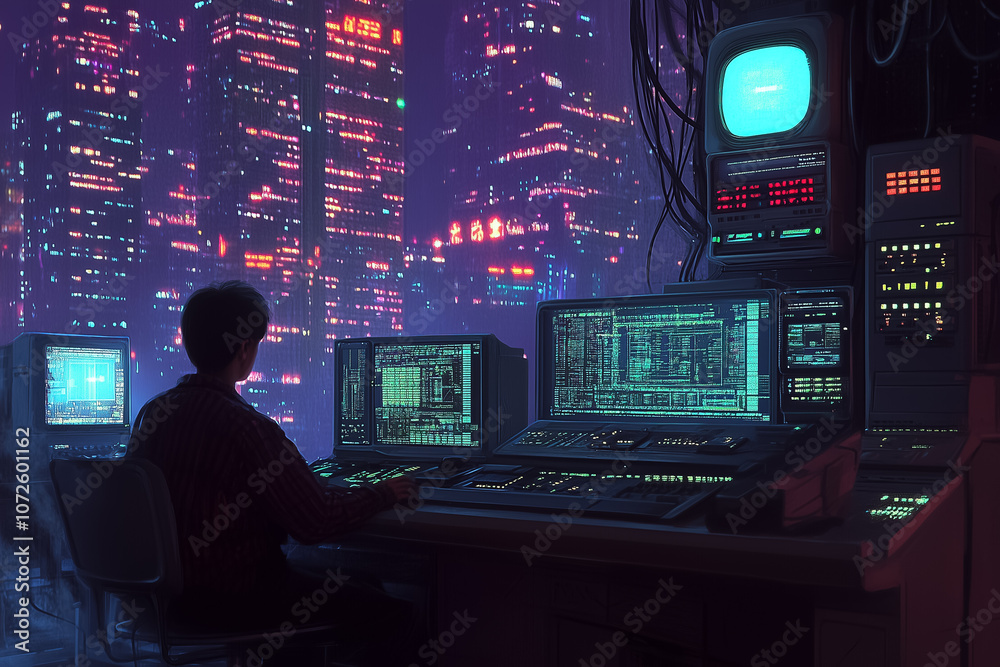 In a vibrant, illuminated cityscape, a person engages intensely with multiple computer screens at night In a vibrant, illuminated cityscape, a person engages intensely with multiple computer screens at night