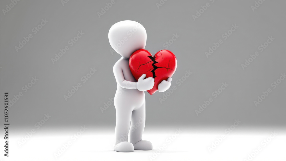3D character holding broken red heart, symbolizing heartbreak and sadness 3D character holding broken red heart, symbolizing heartbreak and sadness
