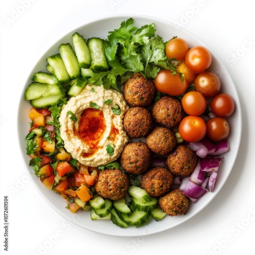 Veggies and hummus with delicious falafel on a plate