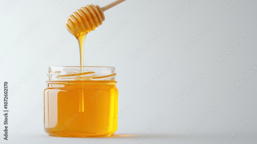 Golden honey beautifully cascading into a jar, set against a pristine white background to highlight its purity. Golden honey beautifully cascading into a jar, set against a pristine white background to highlight its purity.
