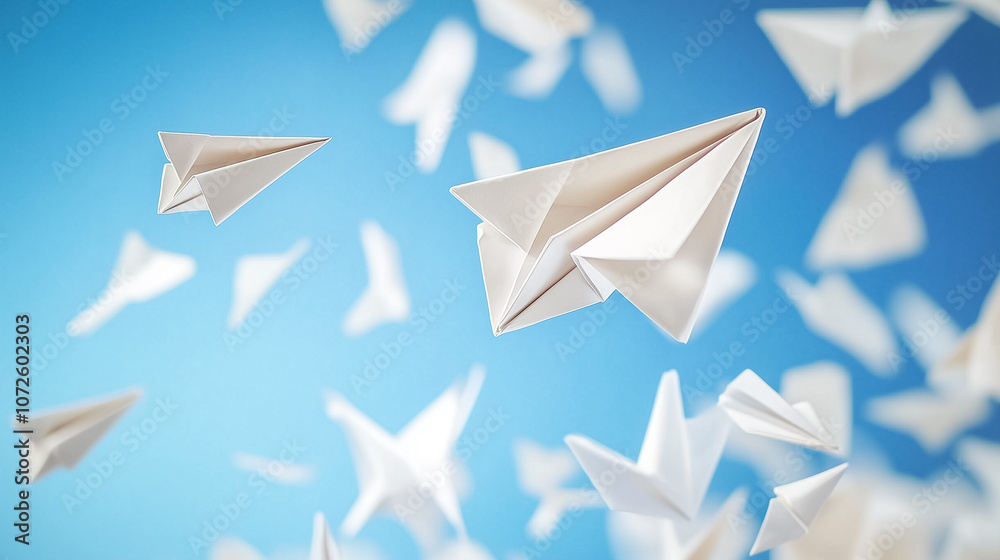 Delicate paper planes ascend against a vibrant blue backdrop, evoking a whimsical sense of adventure and creativity Delicate paper planes ascend against a vibrant blue backdrop, evoking a whimsical sense of adventure and creativity