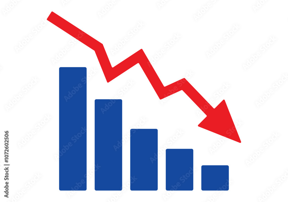 Red arrow going down stock icon on white background. Decrease, Bankruptcy, financial market crash icon for your web site design, logo, app, UI. graph chart downtrend symbol.chart going down sign. Red arrow going down stock icon on white background. Decrease, Bankruptcy, financial market crash icon for your web site design, logo, app, UI. graph chart downtrend symbol.chart going down sign.