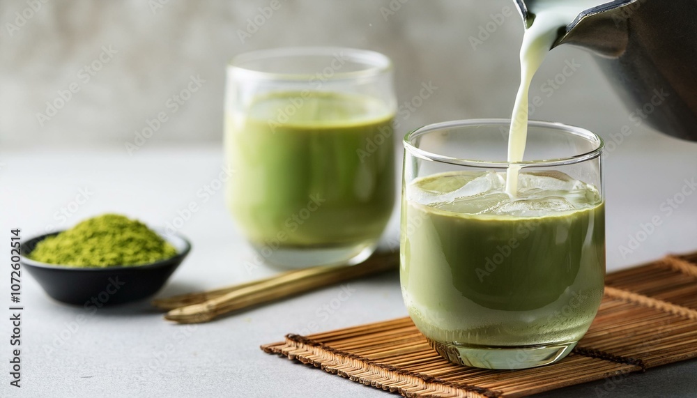 soy milk pouring in matcha ice tea healthy vegan drink soy milk pouring in matcha ice tea healthy vegan drink