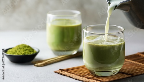 soy milk pouring in matcha ice tea healthy vegan drink