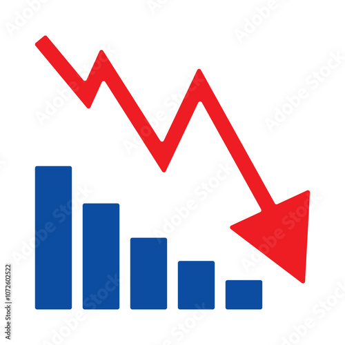 Red arrow going down stock icon on white background. Decrease, Bankruptcy, financial market crash icon for your web site design, logo, app, UI. graph chart downtrend symbol.chart going down sign.