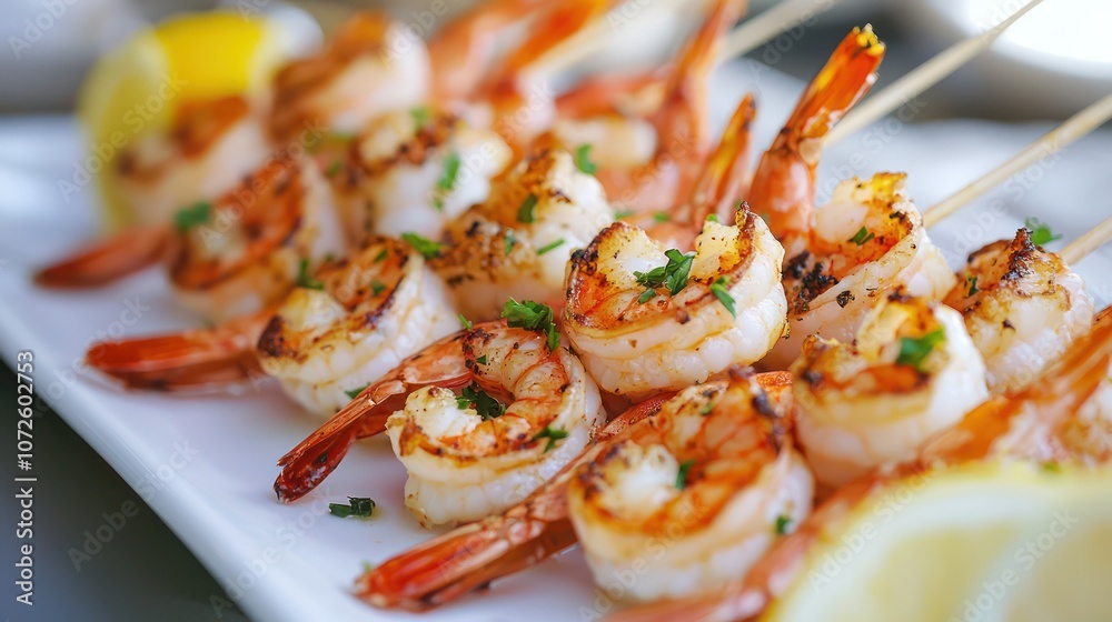 Grilled shrimp presented enticingly, focusing on the appeal of seafood delicacies. Grilled shrimp presented enticingly, focusing on the appeal of seafood delicacies.