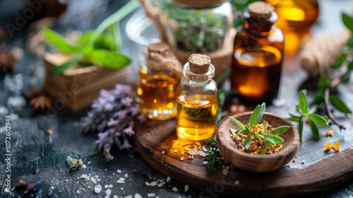 Herbal essential oils and fresh herbs in rustic arrangement