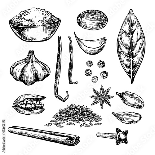 Clip art with spices. Vector graphics depicting aromatic culinary spices of various types. Black and white hand-drawn illustrations. On a white background. For culinary recipes, menus, posters, labels