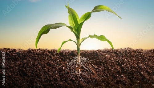 corn plant with roots underground symbolizing soil health and sustainable agriculture