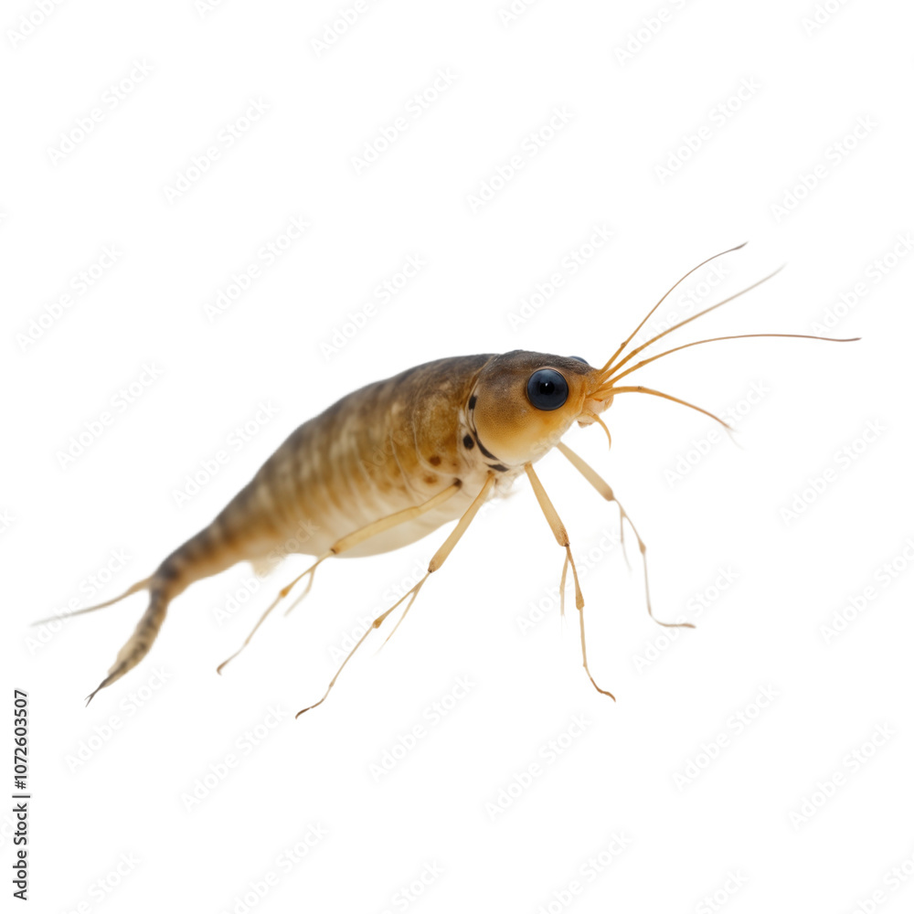 Silverfish insect isolated on alpha layer. Silverfish facing camera with long antennae, legs extended. Insect about to jump, large, black eye staring directly at viewer. Background white, making Png.