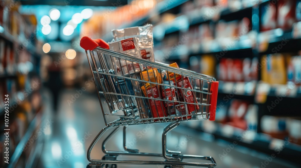 Shopping cart with groceries in a supermarket aisle Shopping cart with groceries in a supermarket aisle