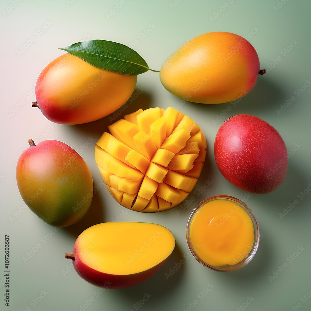 Whole and sliced mangoes, isolated on a pastel Whole and sliced mangoes, isolated on a pastel