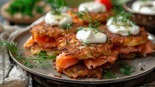 Latkes with salmon and sour cream photo