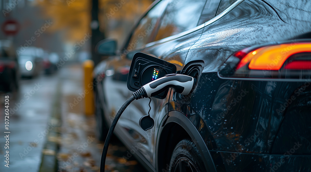 A new energy car is charged with a portable EV charger in a light gray space A new energy car is charged with a portable EV charger in a light gray space