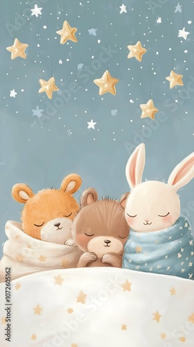 a group of animal friends: bear, rabbit, and squirrel, in a whimsical forest setting, soft pastel colors