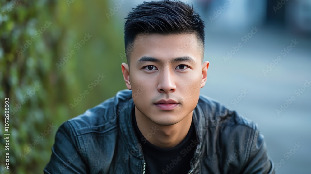 Confident Young Man in Leather Jacket Posing Outdoors Confident Young Man in Leather Jacket Posing Outdoors