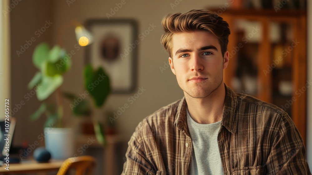 Young Man in Casual Attire Sitting in a Cozy Indoor Environment Young Man in Casual Attire Sitting in a Cozy Indoor Environment