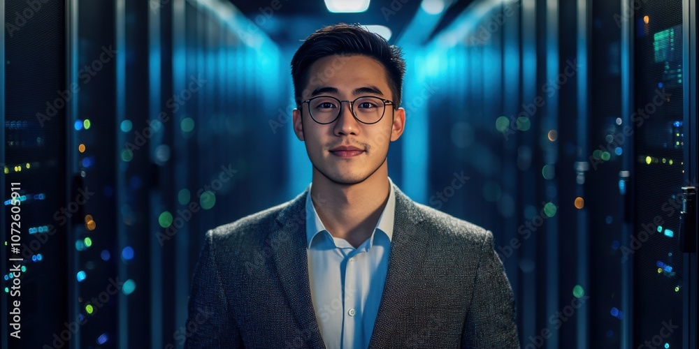 Fototapeta premium Confident Young Professional in a Data Center Surrounded by Servers