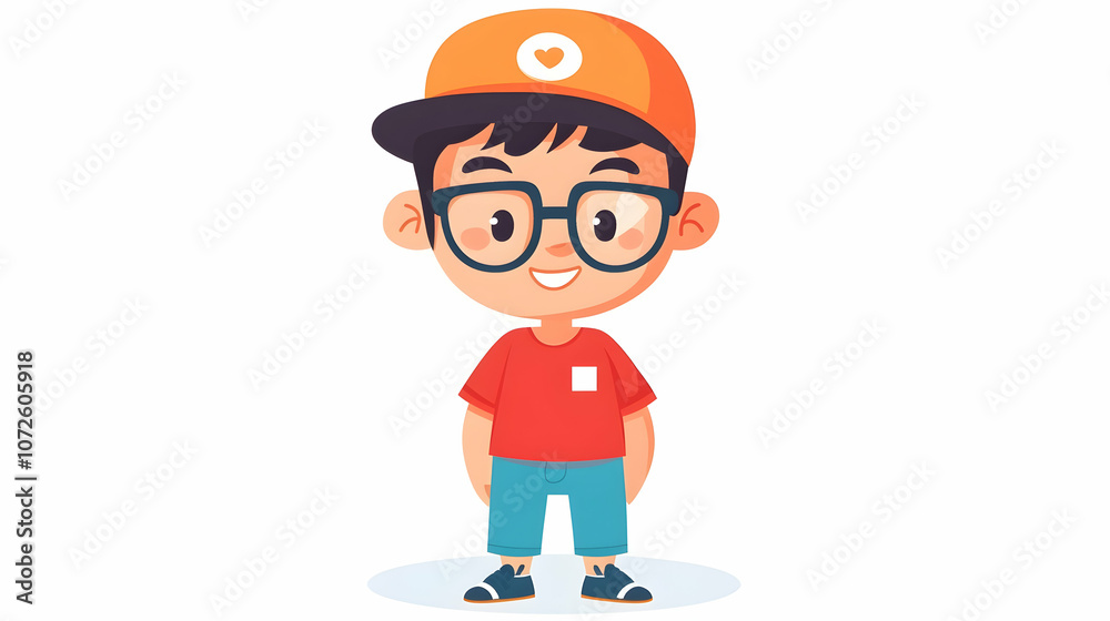 A happy cartoon boy wearing glasses, a red shirt, blue jeans, and an orange baseball cap with a white heart on it. A happy cartoon boy wearing glasses, a red shirt, blue jeans, and an orange baseball cap with a white heart on it.