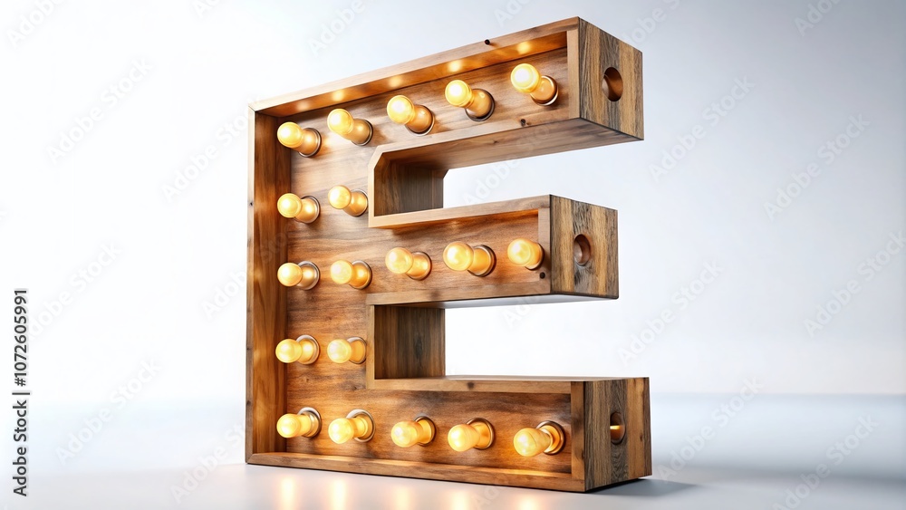 3D Illustration of Letter E Designed with Realistic Light Bulbs and Wood Elements, Isolated on White Background, Perfect for Creative Projects and Branding Needs