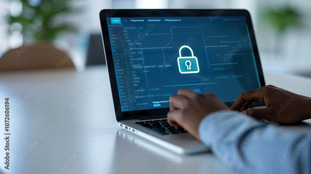 Typing a password on a laptop with a lock icon on the screen. Cybersecurity, secure Internet Connection, Advanced Security Encryption, data security and data access Typing a password on a laptop with a lock icon on the screen. Cybersecurity, secure Internet Connection, Advanced Security Encryption, data security and data access