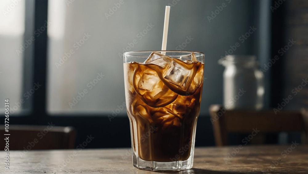 Iced coffee with milk swirling through in a clear glass, filled with ice and served with a straw.