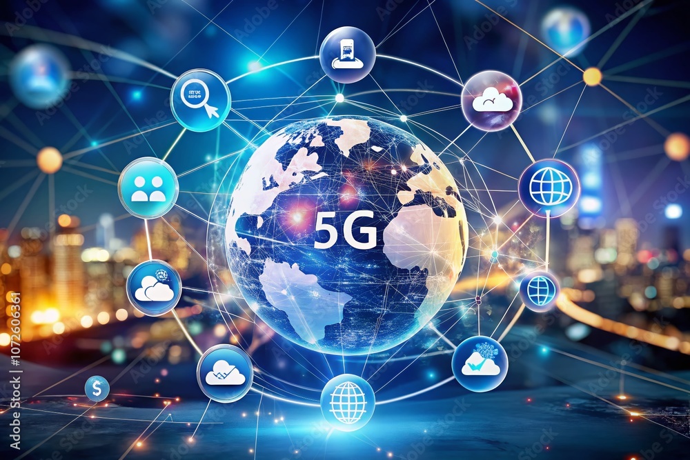 5G Network Concept Illustration Featuring a Globe with the 5G Logo and Icons Representing Various Industries and Technologies in a Bokeh Effect Setting 5G Network Concept Illustration Featuring a Globe with the 5G Logo and Icons Representing Various Industries and Technologies in a Bokeh Effect Setting