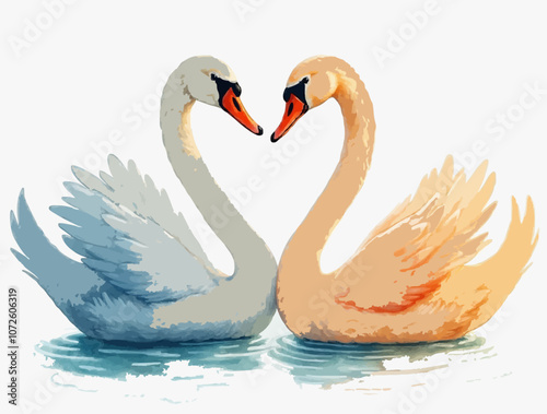 Illustration of two swans, one white and one orange, standing back to back in a body of water.