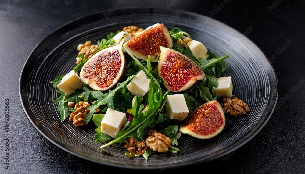 salad with figs arugula nuts and cheese topped with oil on a black plate salad with figs arugula nuts and cheese topped with oil on a black plate