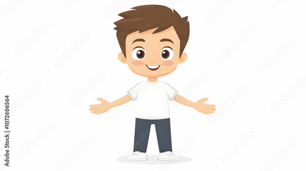 A happy cartoon boy with brown hair wearing a white t-shirt and dark pants standing with his arms out welcoming someone. A happy cartoon boy with brown hair wearing a white t-shirt and dark pants standing with his arms out welcoming someone.