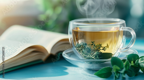 A warm cup of herbal tea releases steam beside an open book on a sunny table