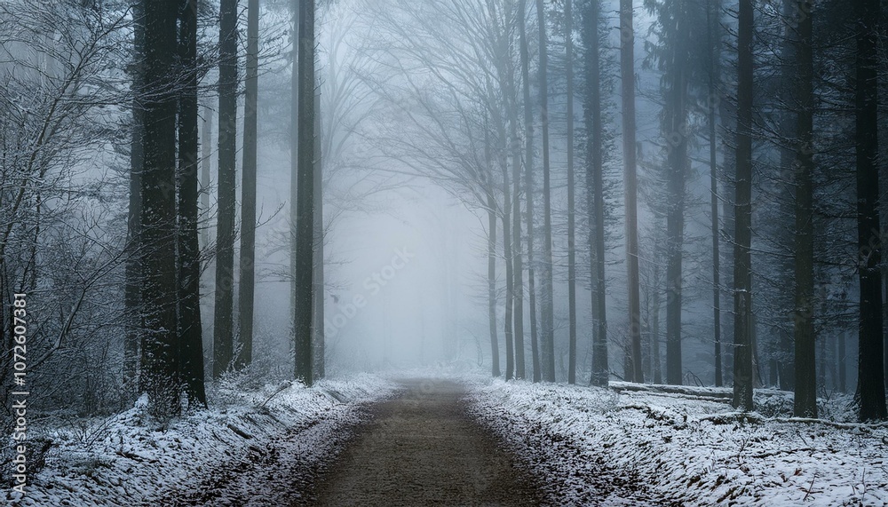 Naklejka premium alone a remote winter forest immersed in fog with trail leading into the unknown