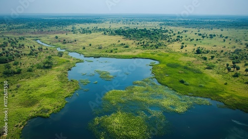 Wallpaper Mural Serene Aerial View of Lush Green Landscape with Water Torontodigital.ca