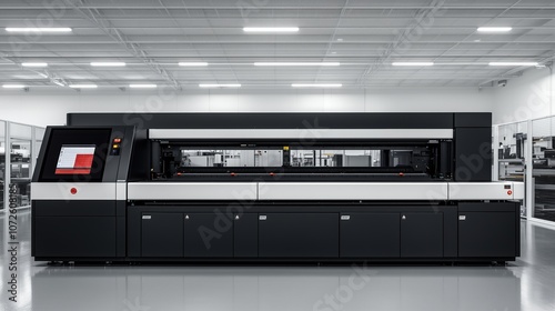 Modern industrial printing machine in a bright, spacious facility