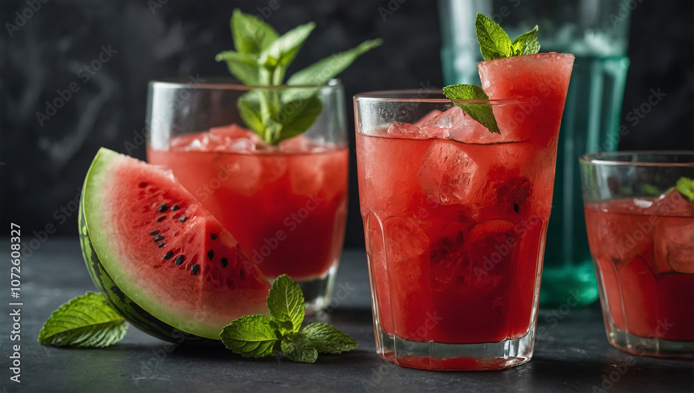 Chilled watermelon juice in a tall glass with ice cubes and a small mint garnish, giving a tropical and refreshing feel. Chilled watermelon juice in a tall glass with ice cubes and a small mint garnish, giving a tropical and refreshing feel.