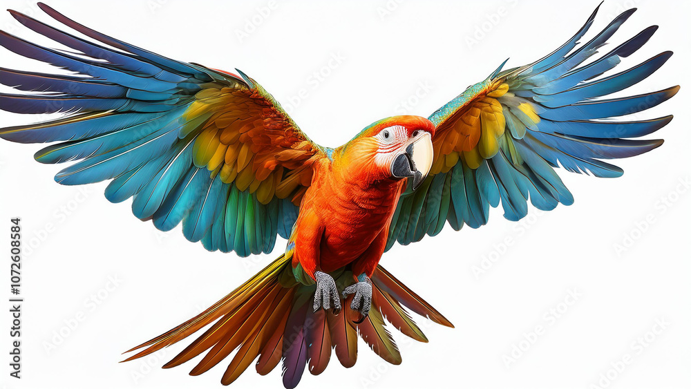 Fototapeta premium Colorful parrot in flight isolated on a white background. PNG transparent. 