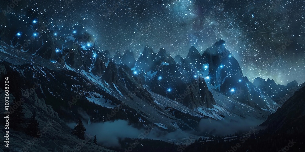 Enchanted Mountain Range: Bioluminescent Forest Lights Up the Night, Majestic Mountains with Glowing Bioluminescent Trees at Dusk