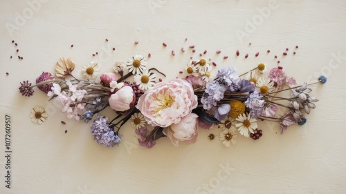 Horizontal garland of colorful dried flowers mounted on a neutral-toned wall