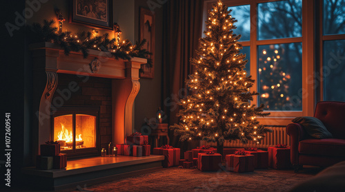 Cozy Christmas Interior with Glowing Tree, Fireplace, and Gifts in the Dark