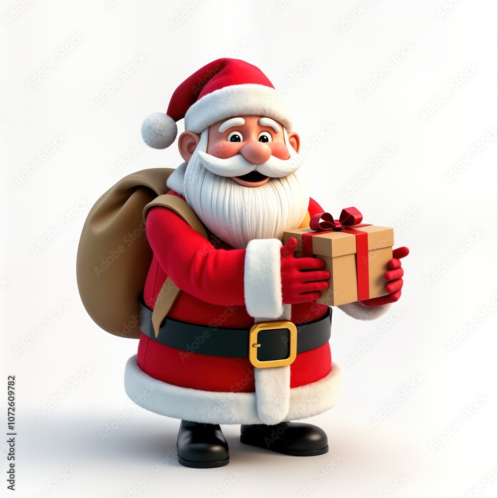 Santa Claus stands with big bag on back, holds wrapped gift in hands. Wearing red suit, white beard. Happy expression on face. Santa Claus cheerful, kind character associated with Christmas, Santa Claus stands with big bag on back, holds wrapped gift in hands. Wearing red suit, white beard. Happy expression on face. Santa Claus cheerful, kind character associated with Christmas,