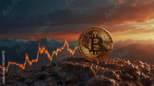 Bitcoin reaches all time high on rocky peak with stock market graph and sunset photo