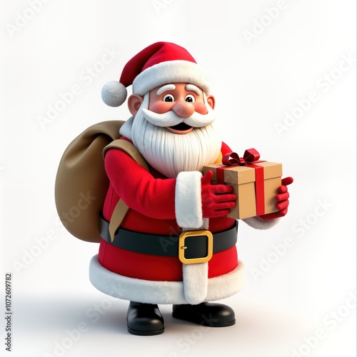 Santa Claus stands with big bag on back, holds wrapped gift in hands. Wearing red suit, white beard. Happy expression on face. Santa Claus cheerful, kind character associated with Christmas,