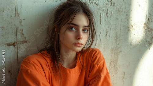 Portrait of serious young caucasian woman wearing orange jumpsuit, representing concept of imprisonment and justice