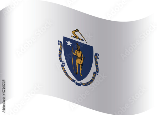 Waving shaped printable vector flag of the United States of America federal state of MASSACHUSETTS