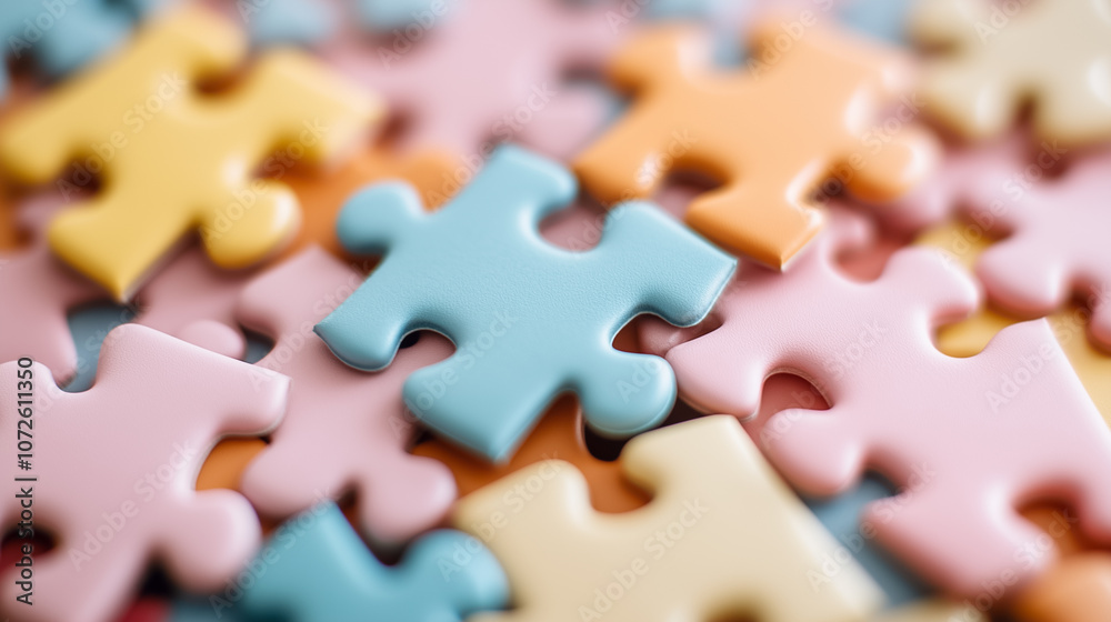 Fototapeta premium Intricate puzzle pieces in soft pastels interlock perfectly, creating a vibrant, harmonious play of colors and forms