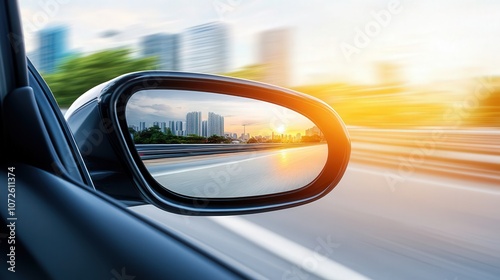 the image of a sunset in a side mirror of a car 