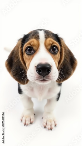 Generative AI, Close-up of a Beagle puppy with a gentle, curious expression against a white background