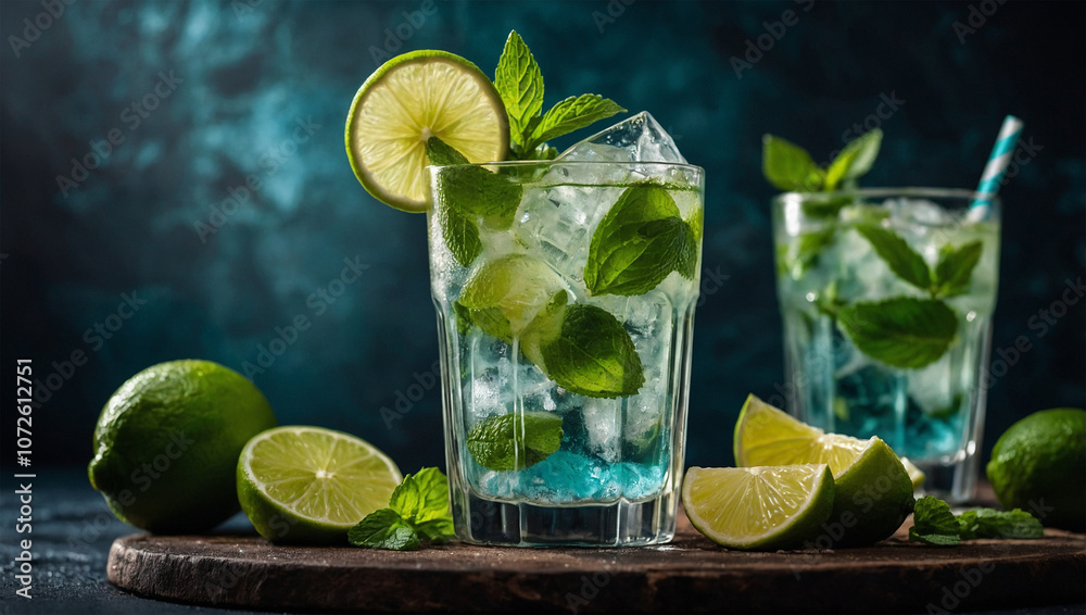 Fototapeta premium Icy mojito in a glass with fresh mint leaves, lime wedges, and ice cubes, giving a cool and refreshing appearance.